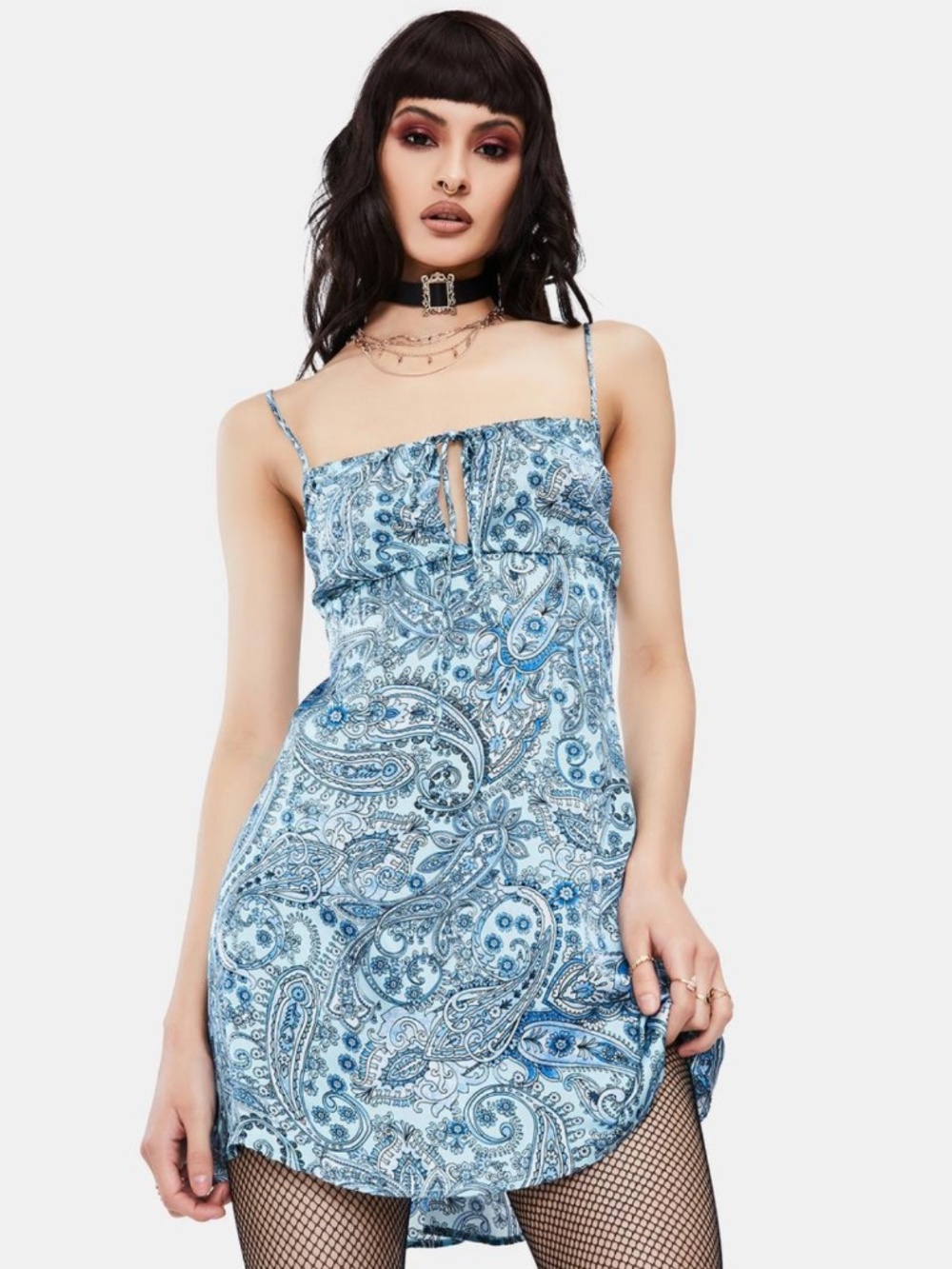 Frankie's Bikinis Leoni Blue Paisley Chemise Slip Silk Mini Dress Medium